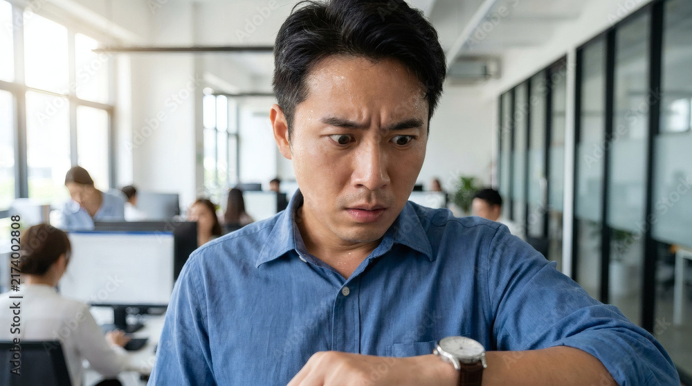 Fototapeta premium Anxious Asian male worker looking at his wristwatch in panic about a deadline.