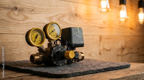 Industrial Brass Valve Assembly with Gauges on Dark Mat Board in Warm Workshop