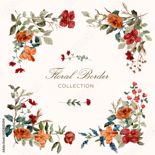 red orange wildflower watercolor border corner collection
