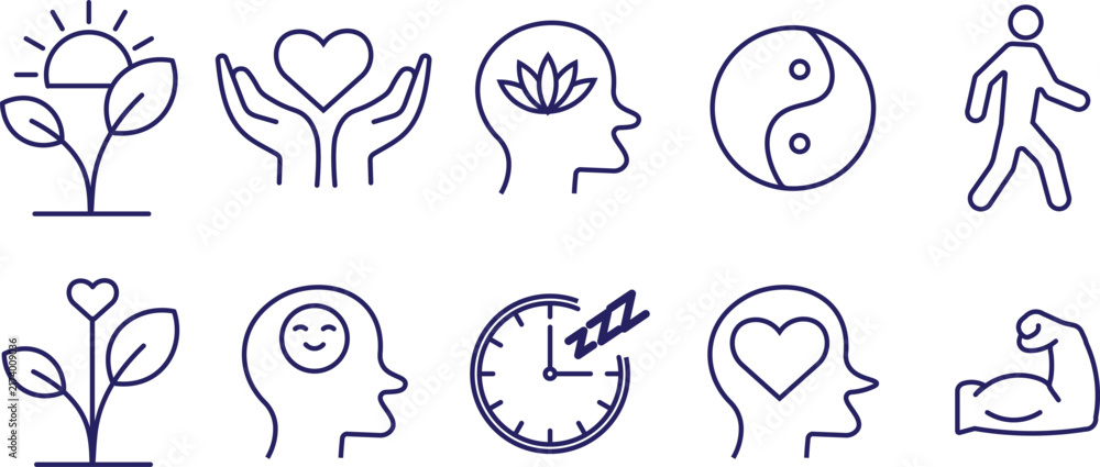 Obraz premium Set of thin line wellness and healthy lifestyle icons. health wellness self care and emotional balance themes