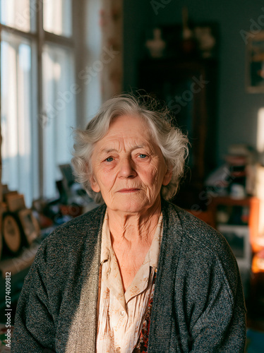 Elderly Woman Portrait Sitting at Home Table with Crossed Arms