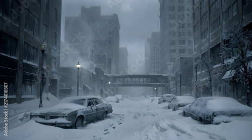 Snow-covered city street with abandoned cars on a winter day