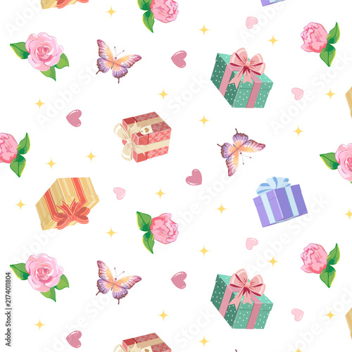 Gift boxes and butterflies on white background.Vector seamless pattern with gift boxes, butterflies, roses and hearts on a white background.