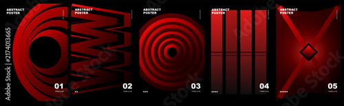 Set of abstract posters templates with red geometric shapes and dark background vector design