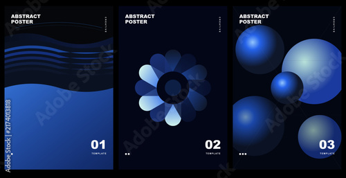 Abstract poster templates with blue gradient spheres and floral shapes on dark background