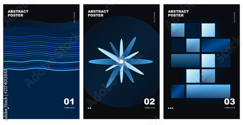 Set of three abstract posters with blue gradient geometric shapes, lines, and squares on a dark background