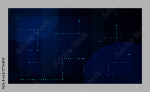 Abstract technology background with glowing blue dotted lines forming a digital network grid on dark surface
