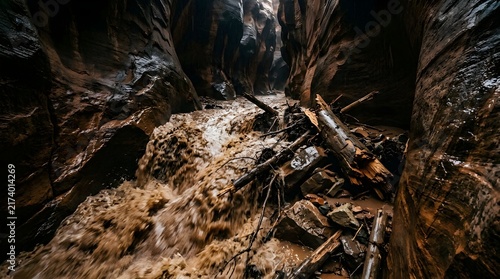 Rushing Water Through Narrow Rocky Canyon with Fallen Logs