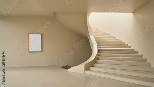 Minimalist interior with a grand curved staircase, smooth beige walls, and an empty vertical
