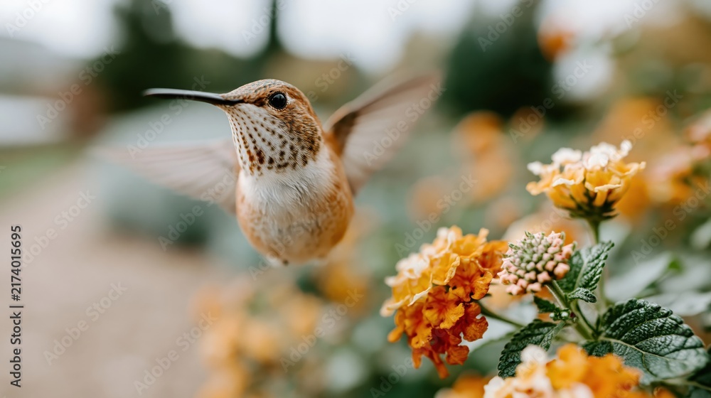 Fototapeta premium A beautiful hummingbird hovers gracefully near colorful flowers, showcasing the delicate balance of nature and the enchanting moments of wildlife in a blooming garden.