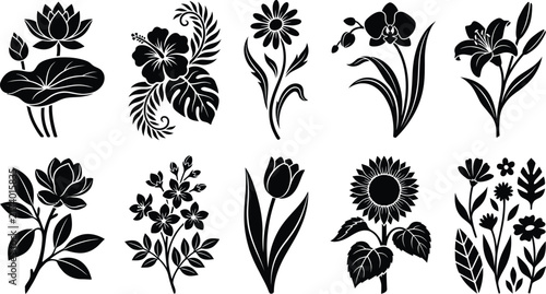 Set of ten black floral silhouettes featuring various flowers, leaves, and botanical arrangements isolated on a white background