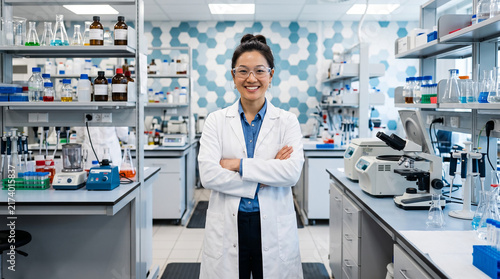 young female pharmacist working in laboratory. A female scientist in a lab coat and safety goggles stands with her arms crossed in a laboratory. She is smiling at the camera.