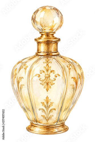 Luxury watercolor illustration of an ornate golden perfume bottle with intricate patterns.