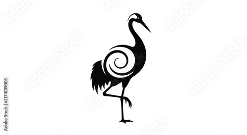 Crane bird silhouette stands gracefully on one leg, featuring a distinctive spiral design on its body, against a plain white background, symbolizing elegance and nature.