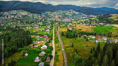 Aerial view of the village of Vorokhta in summer
