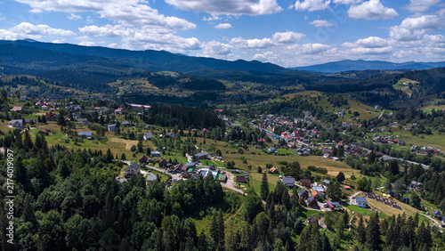 Aerial view of the village of Vorokhta in summer