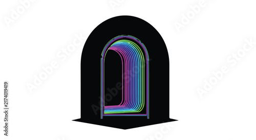 Tunnel interior features a dark, arched structure revealing a vibrant spectrum of glowing, layered lines that create a sense of depth and futuristic motion.