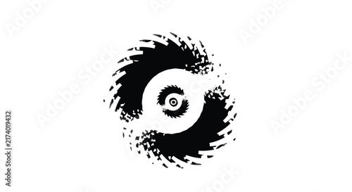 Saw blades form an industrial icon, depicted as two black circular shapes with distressed edges and intricate inner gears on a clean white background.