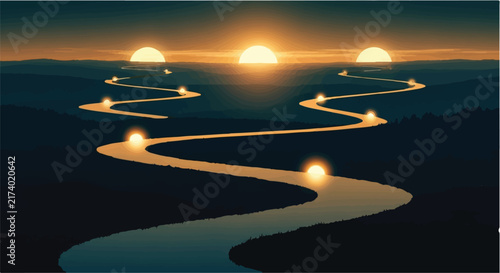 A surreal landscape features a winding river illuminated by multiple glowing suns under a dark, dramatic sky, creating a path of light.