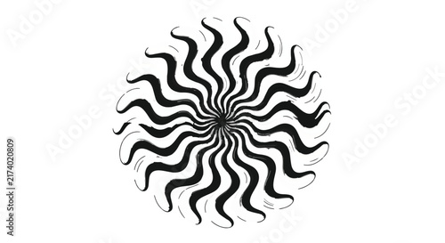 Circular abstract design featuring numerous black wavy lines radiating outwards from a central point, creating a hypnotic and dynamic visual effect.