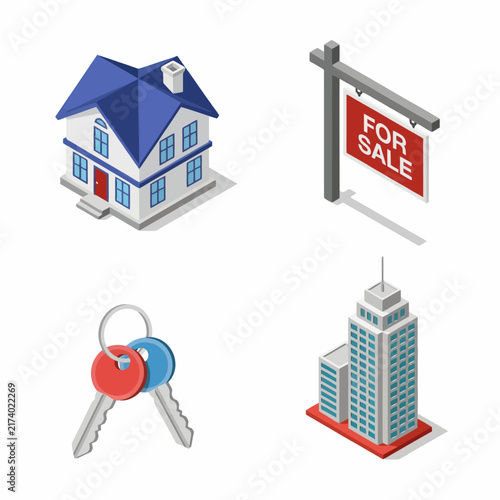 Isometric illustration showing real estate sale with house keys and buildings