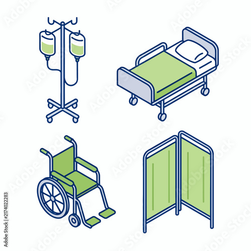 Medical equipment icons including hospital bed wheelchair and IV stand