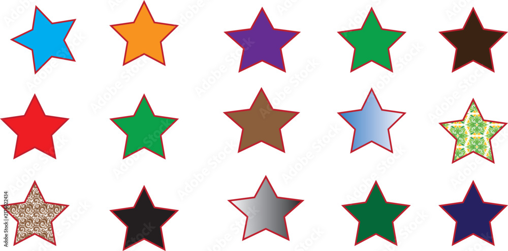 Obraz premium Colorful-five-pointed-star-icons-set-with-red-borders-isolated-on-white-background