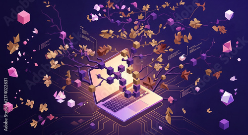 Abstract laptop with digital tree and geometric shapes on dark