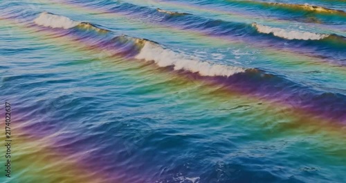 Iridescent rainbow colors reflecting on rolling ocean waves.