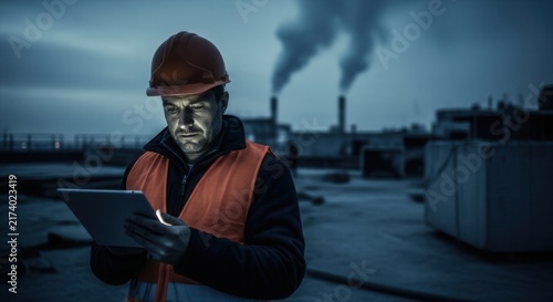 Construction Worker Using Tablet Technology At Industrial Site