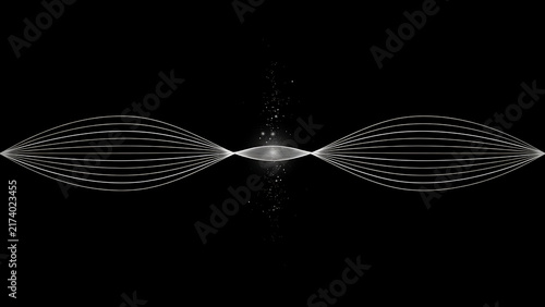 White wavy lines with glowing particles on a black background