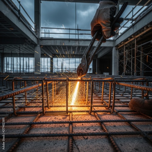Construction Worker Utilizes Pliers Cutting Metal Rebar Creates Brilliant Sparks