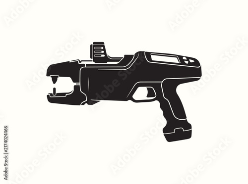 A digital display ear tagger in side view silhouette on a white background
