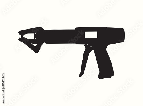 A side profile of a cattle ear tagger with a digital display on a white background