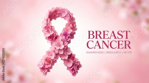 Pink ribbon made of delicate flowers with text breast cancer awareness on a soft pink background