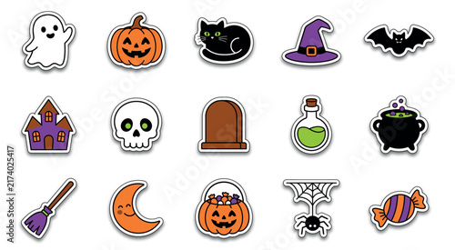 Set of cute halloween stickers with ghost pumpkin cat witch hat bat skull tombstone and magic potion