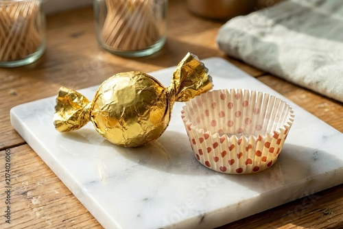 Round candies packaged in gold wrappers
