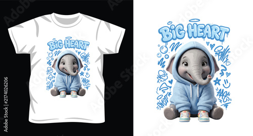 Cute baby elephant in blue hoodie graffiti design on white t-shirt mockup with playful scribbles elements.