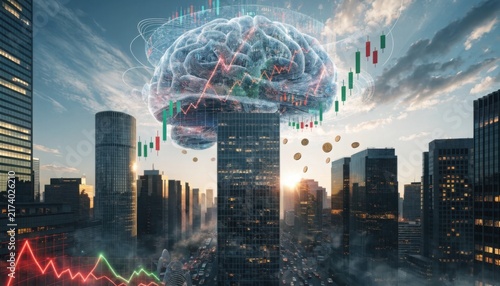 Glowing digital brain made of circuits sprouting from skyscraper with floating stock charts and golden coins symbolizing AI-driven business growth at sunrise.