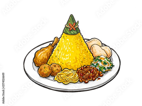 Nasi Tumpeng Indonesian Yellow Rice Illustration with Traditional Side Dishes for Celebration and Culture