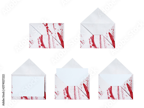 Принти на полотні Smeared bloody envelope holding a clean white blank card for sinister mystery le