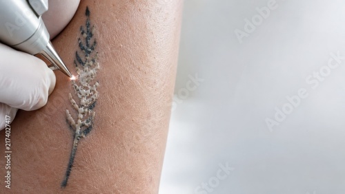 Close up of laser tattoo removal procedure on human arm skin with medical gloved hand and device