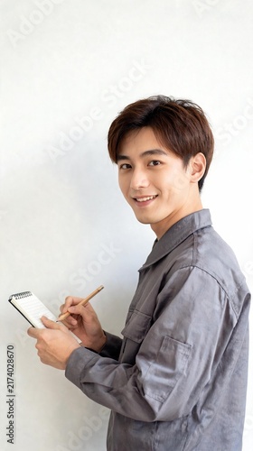 Smiling young male engineer wearing uniform standing in profile view holding pencil and note pad while looking at camera isolated on white background with copy space
