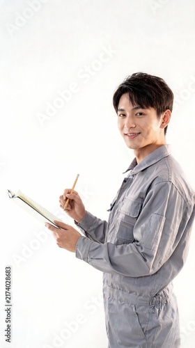 Smiling young male engineer wearing uniform standing in profile view holding pencil and note pad while looking at camera isolated on white background with copy space
