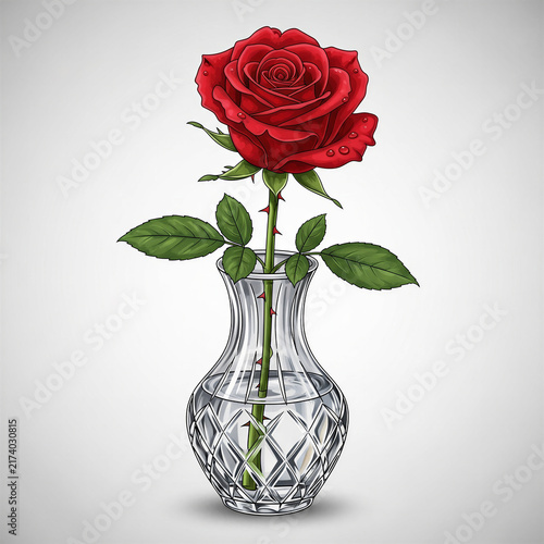 Red rose in crystal vase on a light gray background  