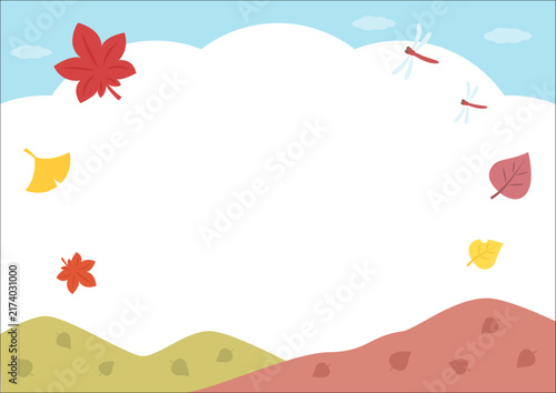 秋の紅葉と山と空と赤とんぼの背景イラスト