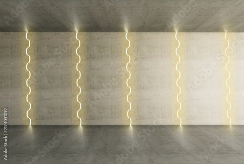 concrete interior 3d, wavy neon wall lighting, wave-shaped linear lighting, line lighting, minimalist interior, 3d interior design, background, wallpaper 2