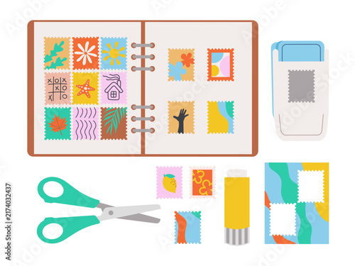 Vector set for hobby. Stamp cutting. Stapler, scissors, glue, notebook.