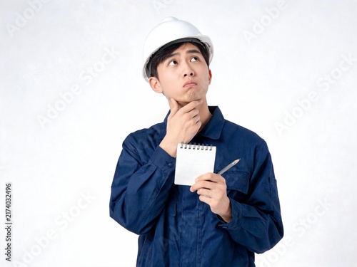 Unsure young male engineer wearing safety helmet and uniform holding note pad and pencil keeping hand on chin looking up isolated on white background
