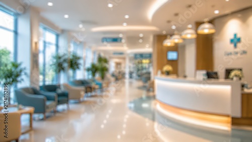 Blurred hospital reception area featuring a curved white desk and comfortable seating. The bright lobby space includes indoor plants and warm pendant lighting for a welcoming atmosphere.